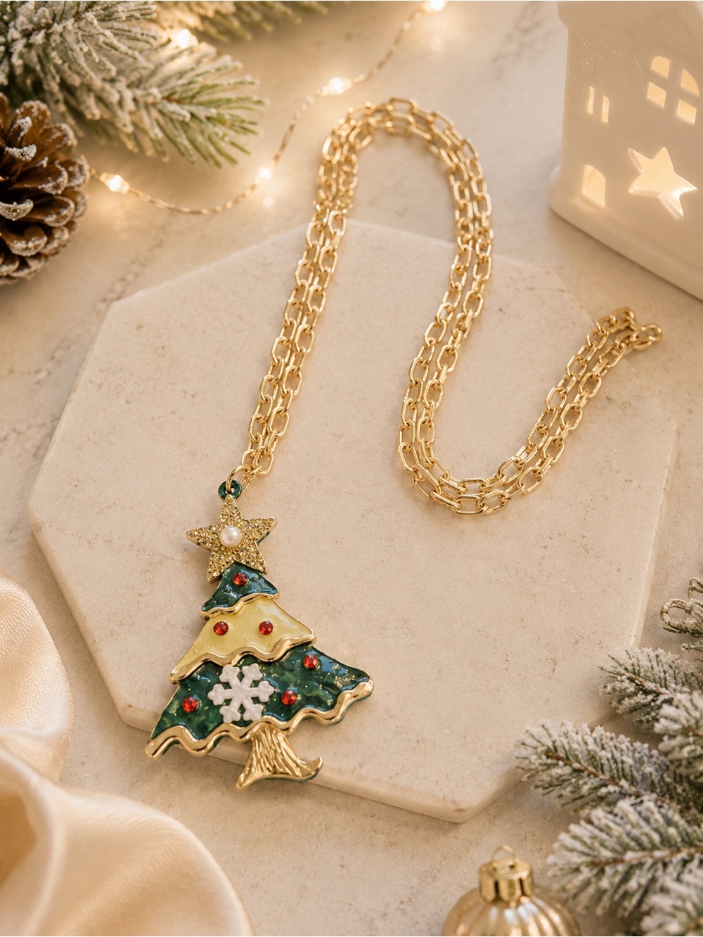 Gold-Tone Holiday Tree Pendant Necklace - Green & Gold